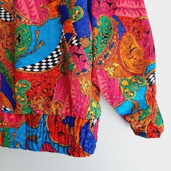 Vintage Silky Satin Retro Colorful Abstract Art Bomber Jacket Sz M - Picture 4 of 12